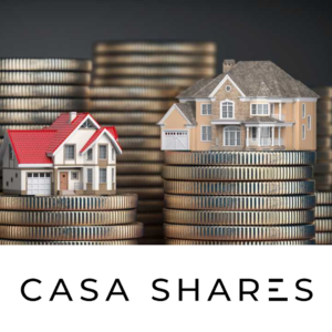 Two real estate units (houses) on top of savings for investment, representing shared ownership platform Casa Shares