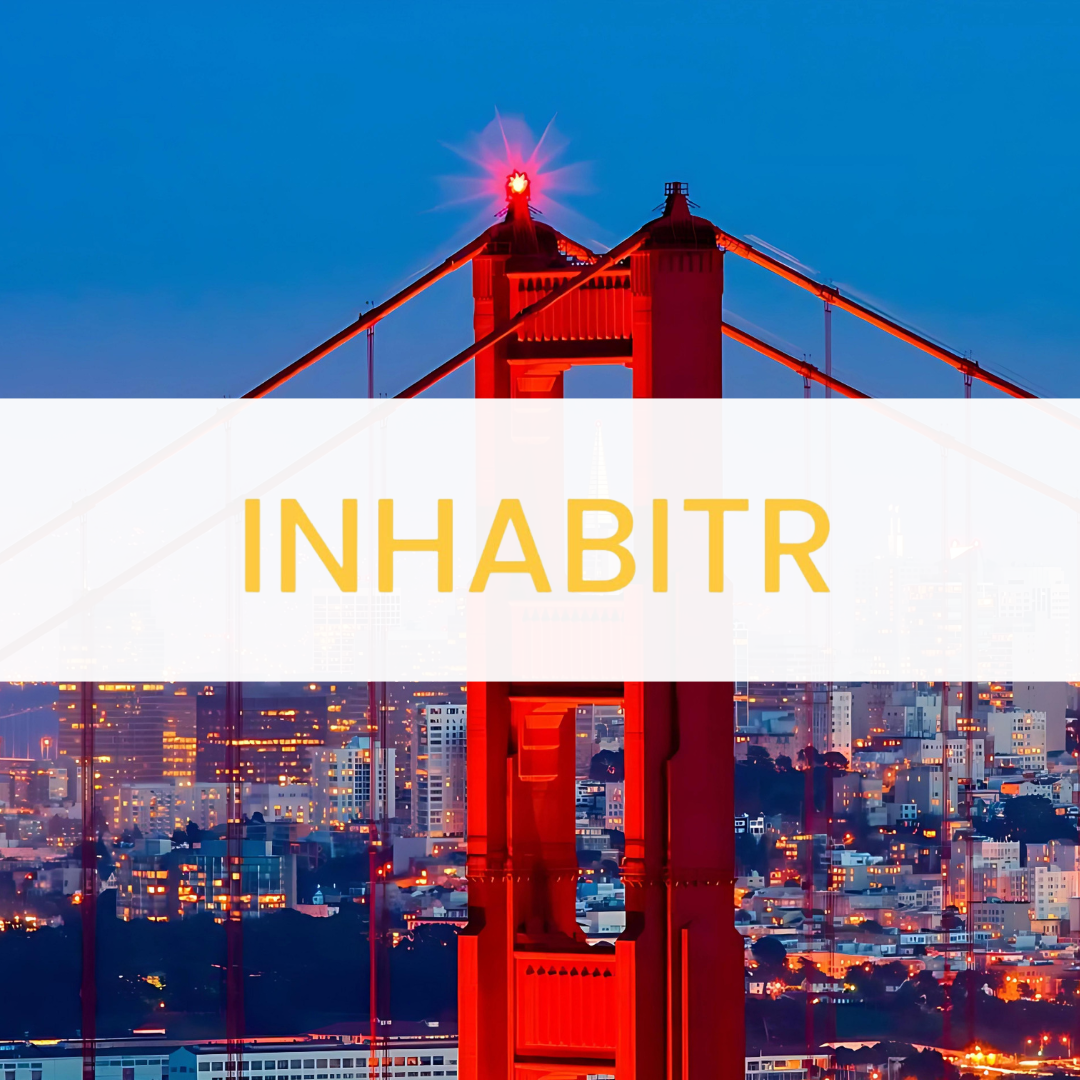 The Golden Gate Bridge in San Francisco, with the Inhabitr (a SF-based start-up) logo overlayed