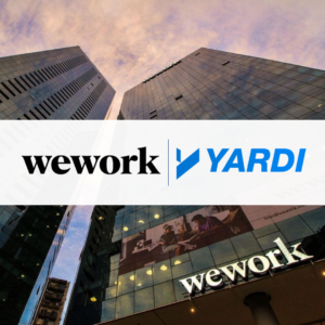A wework skyscraper, overlayed with the wework and Yardi Systems logos. Click for article