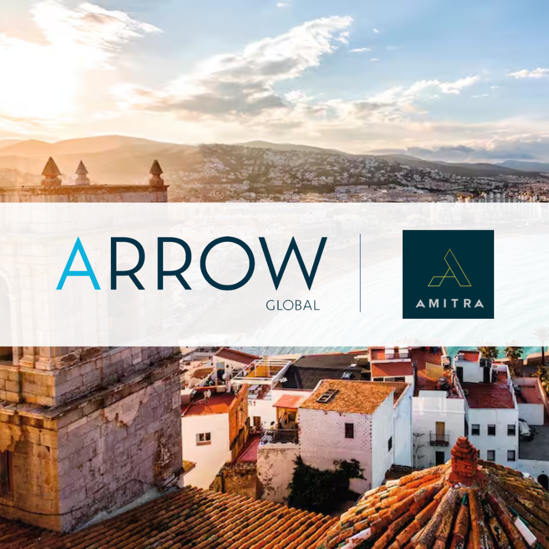 Arrow Global and Amitra Capital logos overlaid on a Spanish town, as Arrow acquire Amitra