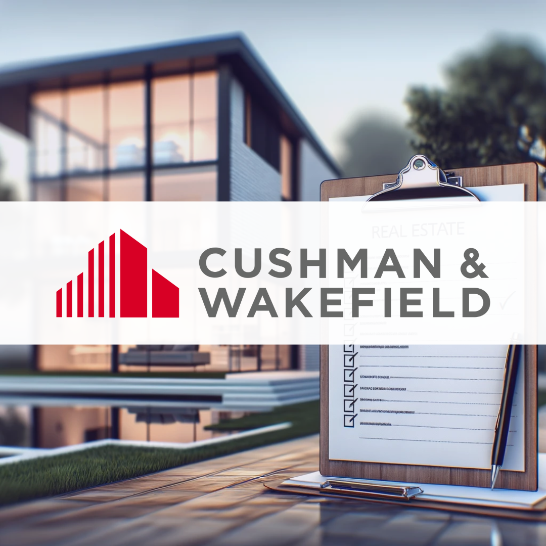 Real estate with a list of requirements next to it, with the Cushman & Wakefield logo overlaid