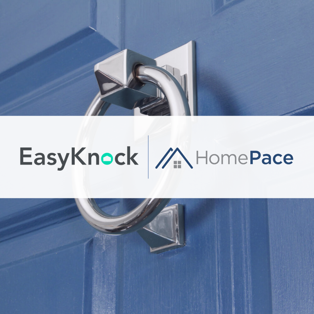 A door knocker, with the EasyKnock and Homepace logos overlaid