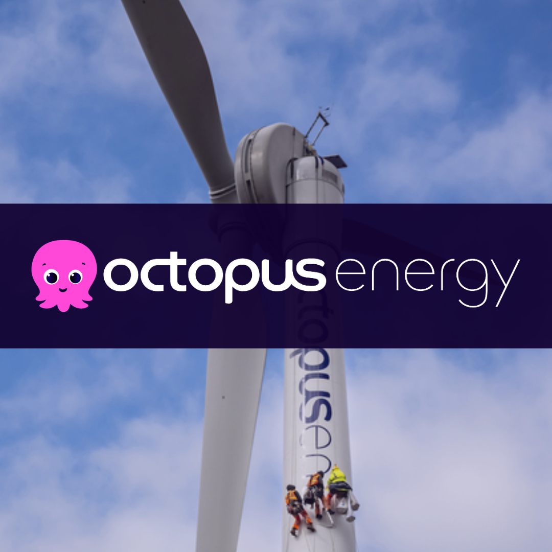Octopus Energy wind turbine, with the Octopus Energy logo overlayed, following their bn valuation and US expansion plans