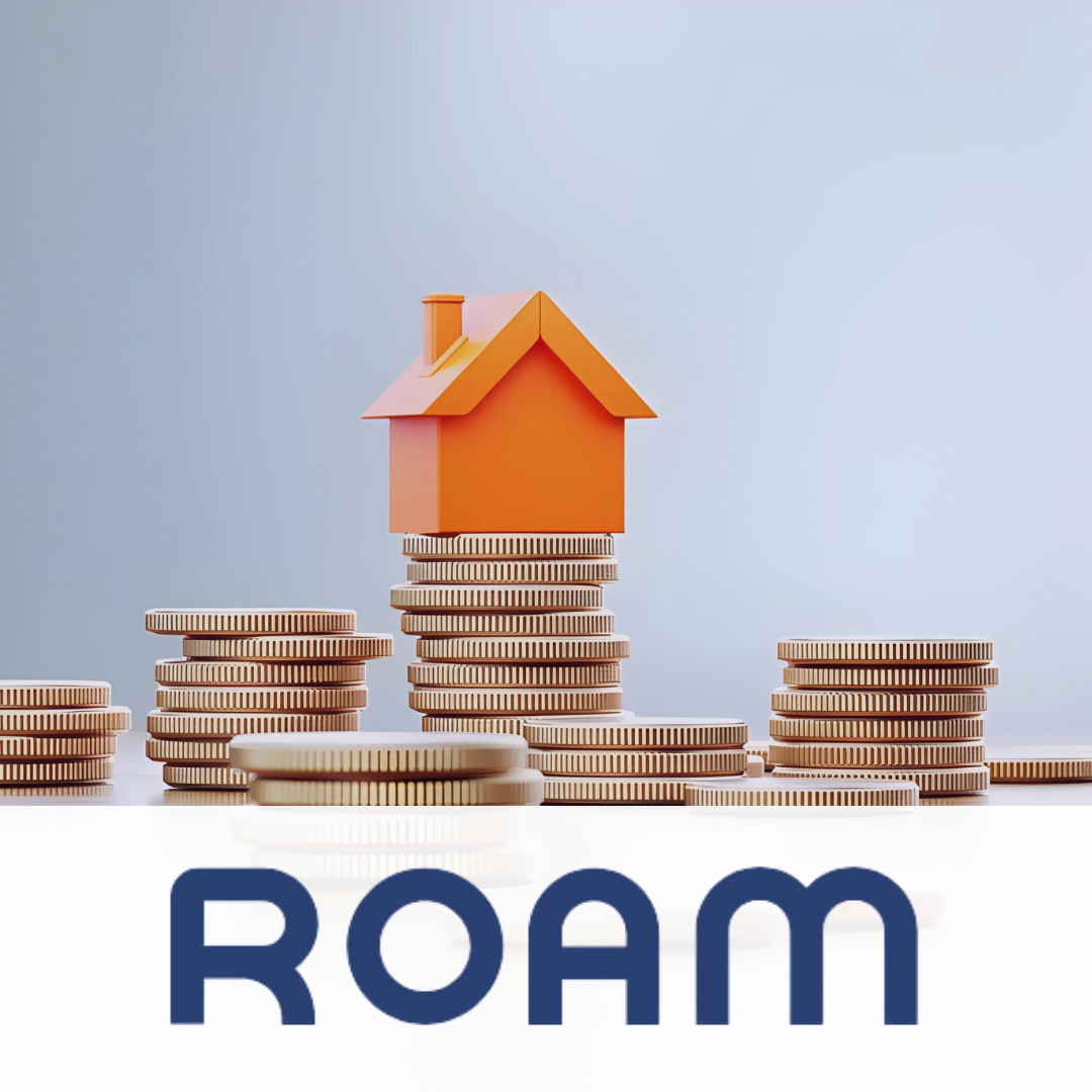 House on a pile of money, representing mortgages, with the Roam logo overlaid following their raise