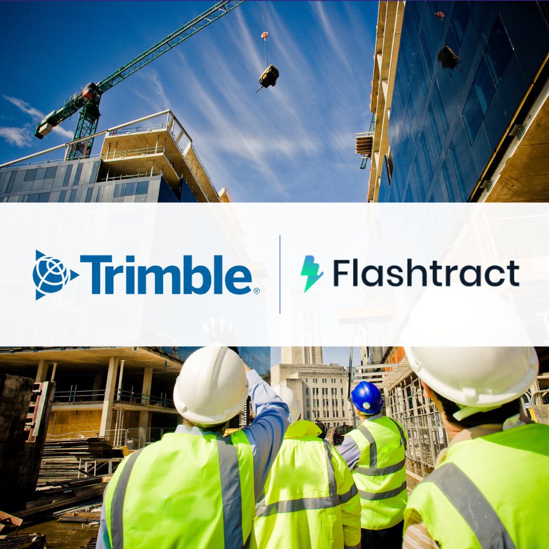 Construction site, with high-vis workers. The Trimble and Flashtract logos are overlayed, following the acquisition of Flashtract