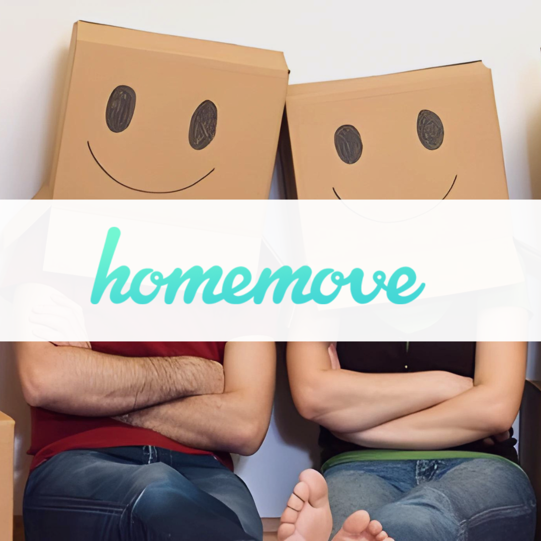 2 house movers with boxes on their heads, overlayed with the 'homemove' logo