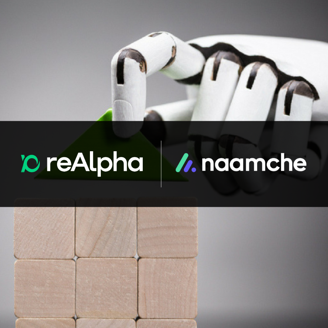 An AI arm building a house out of blocks, overlayed with the reAlpha Tech Corp. and Naamche logos, following their acquisition