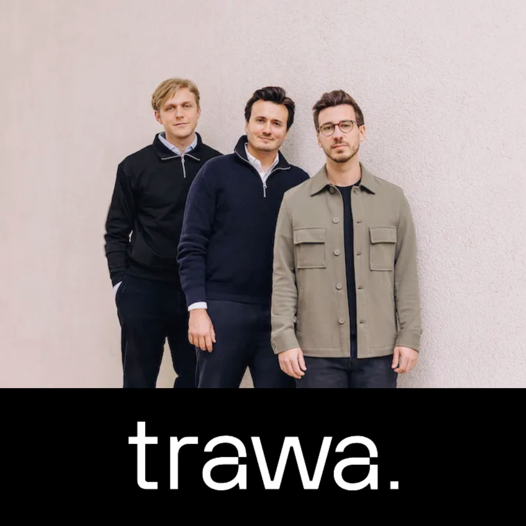 The trawa founders, following their €10M seed to help SMEs, with the trawa logo overlaid