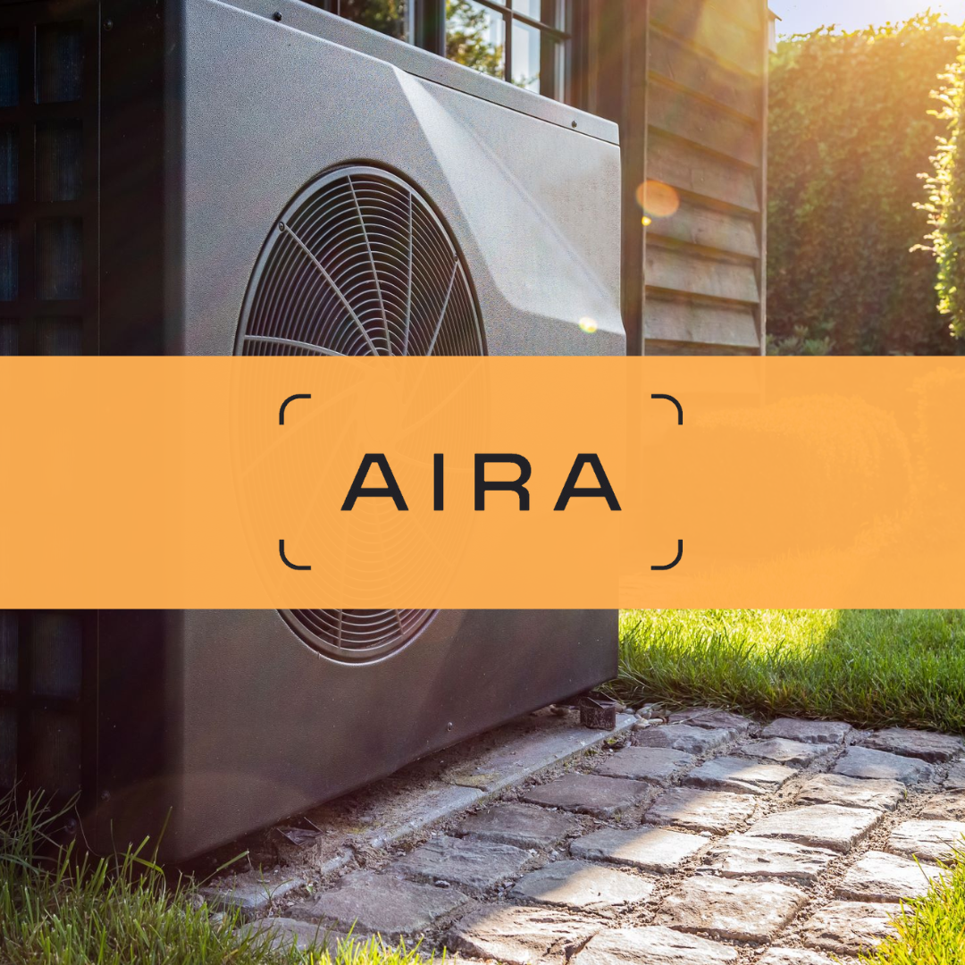 Electric heat pump with the Aira logo overlaid, following their €200m funding