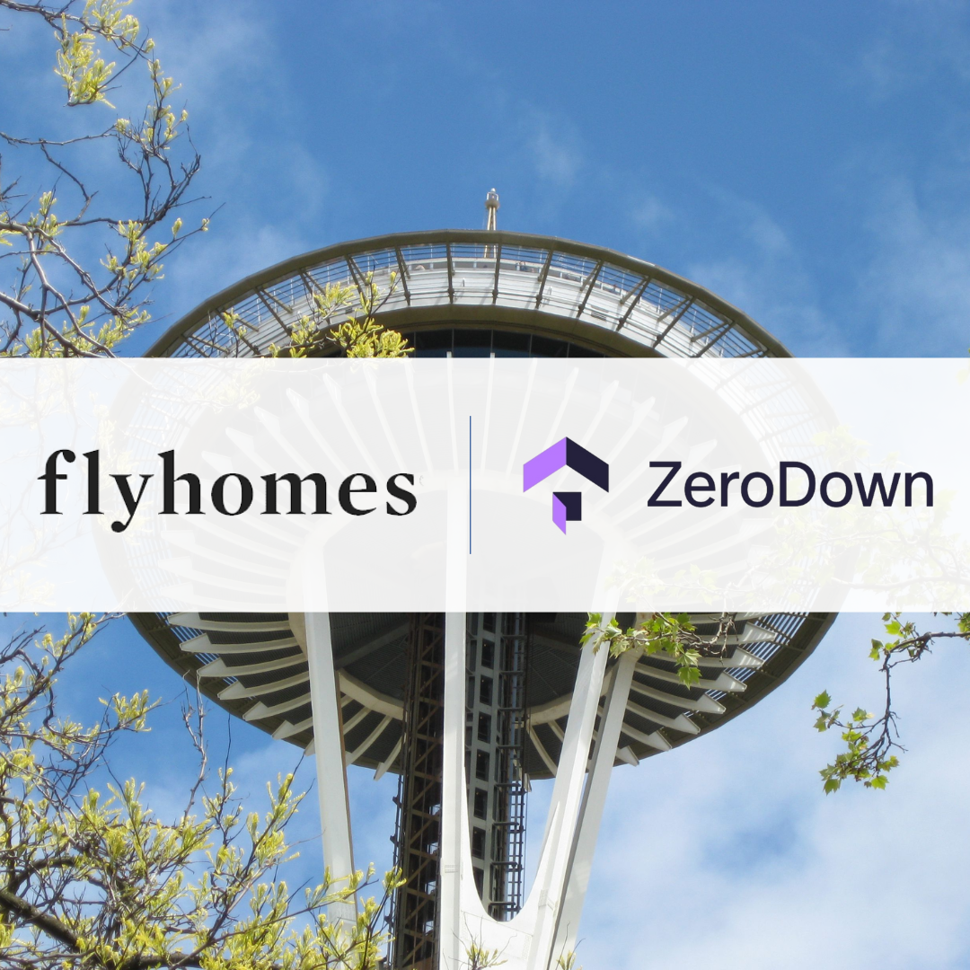 Seattle tower, with the Flyhomes and ZeroDown logos overlaid, following their deal