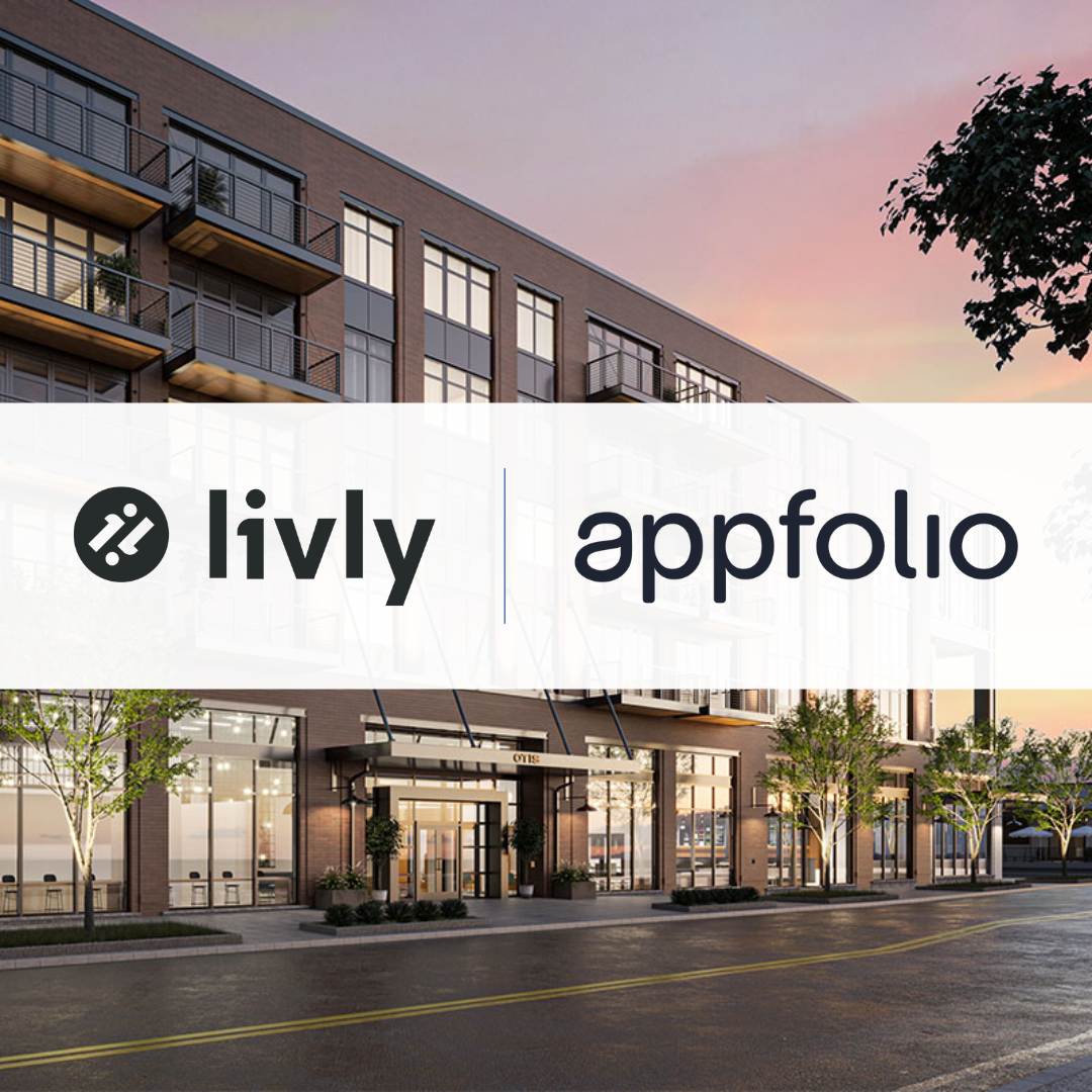 Multifamily property, with the Livly and AppFolio logos overlaid, following their move to partner