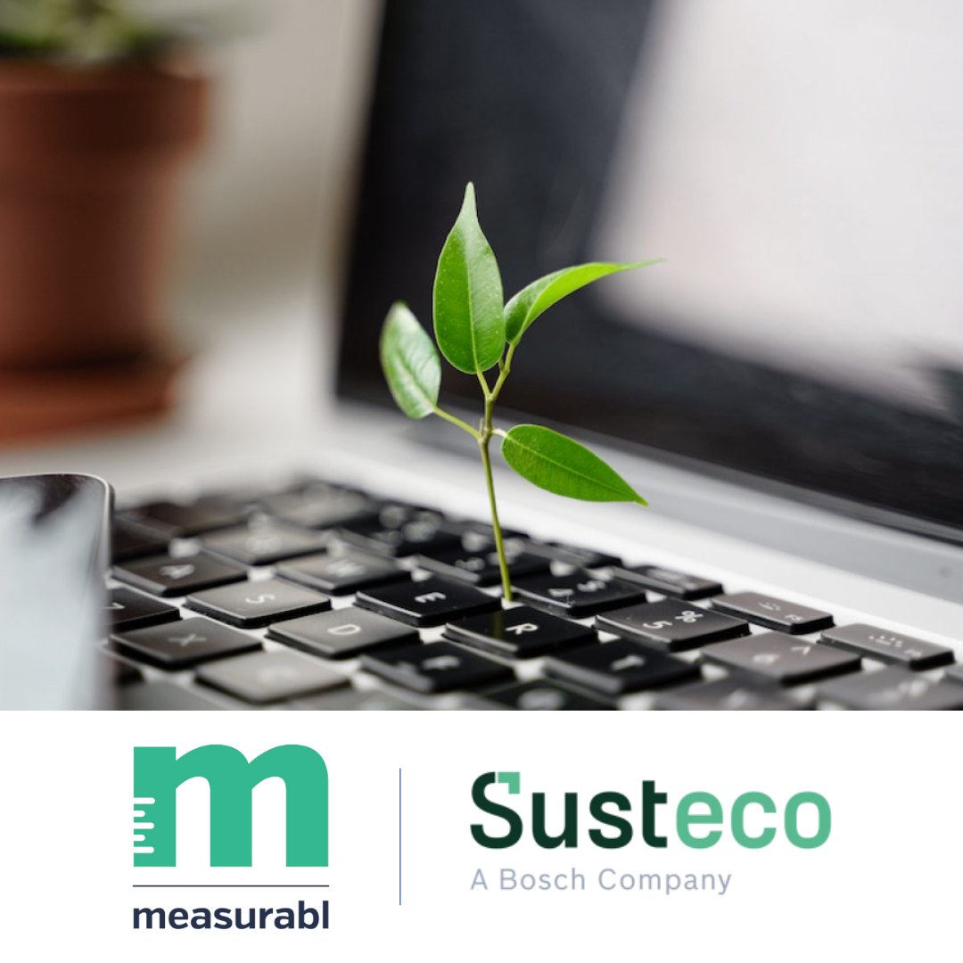 Sustainable digitial platform for real estate management, with the Measurabl and Susteco logos overlaid, following their partnership