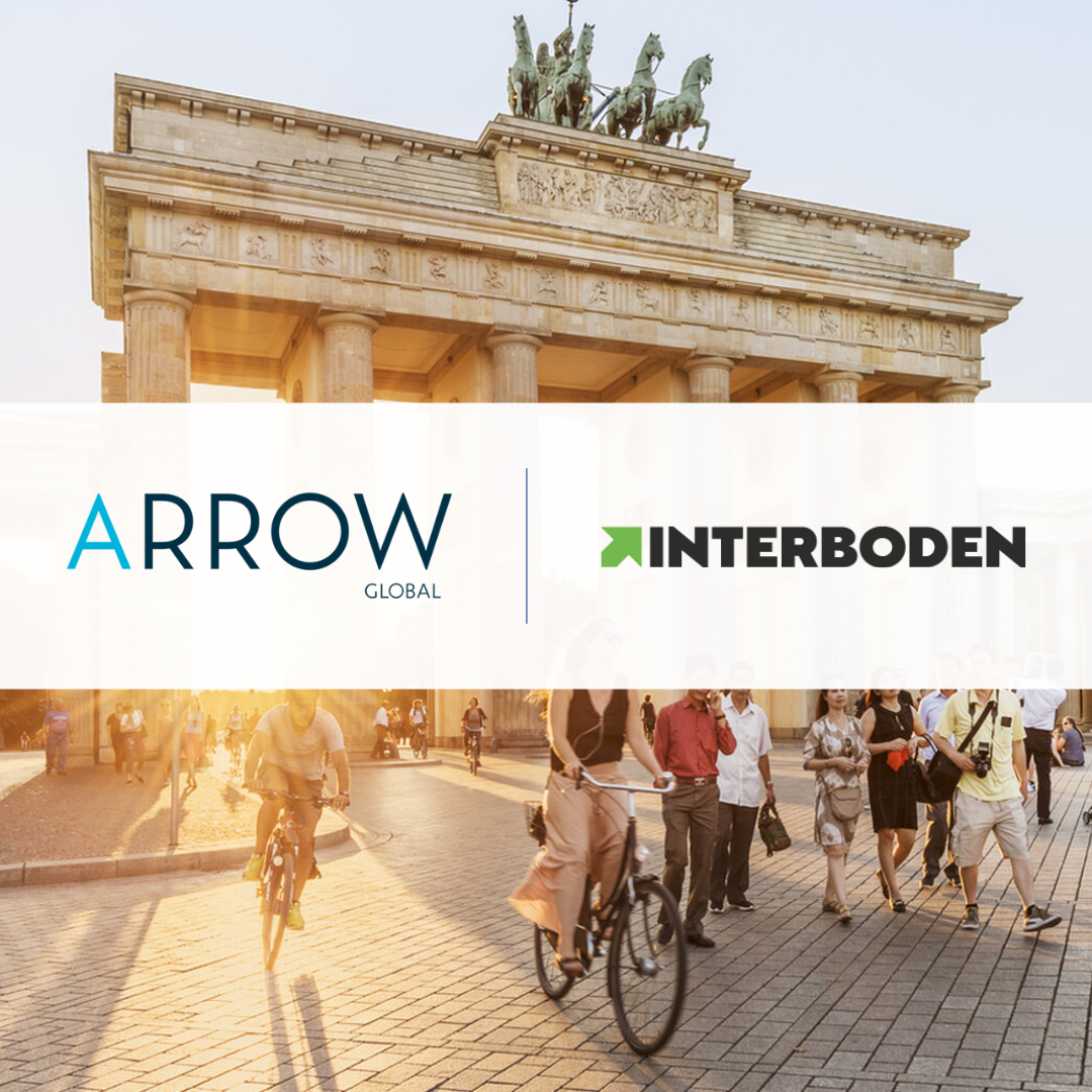 Arrow Global acquires Interboden, with their logos overlaid on the Brandenburg Gate
