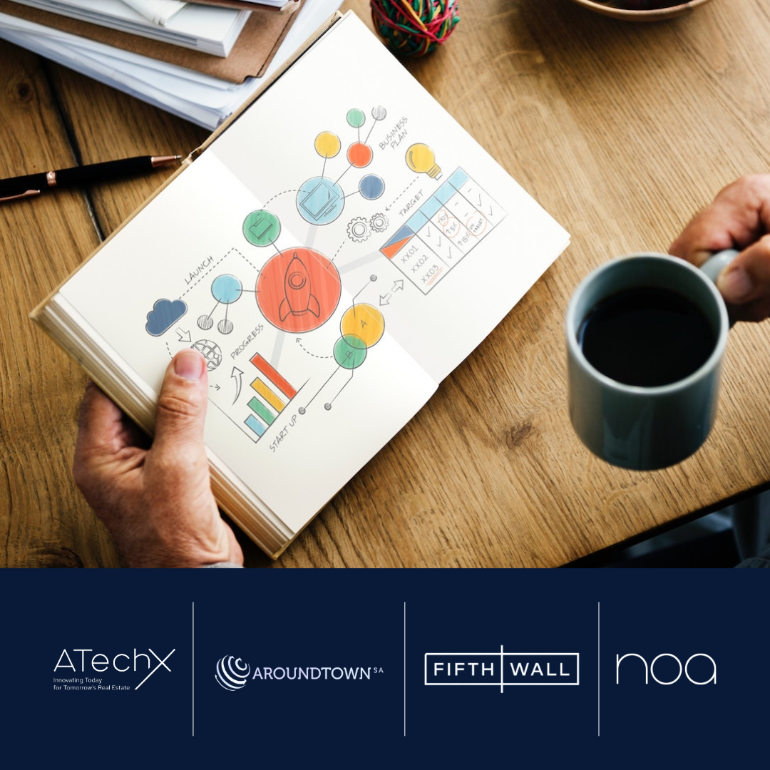 Notepad showing startup accelerator drawings, following the launch of ATechX (a new PropTech accelerator) via Aroundtown, with noa and Fifth Wall (logos all overlaid)