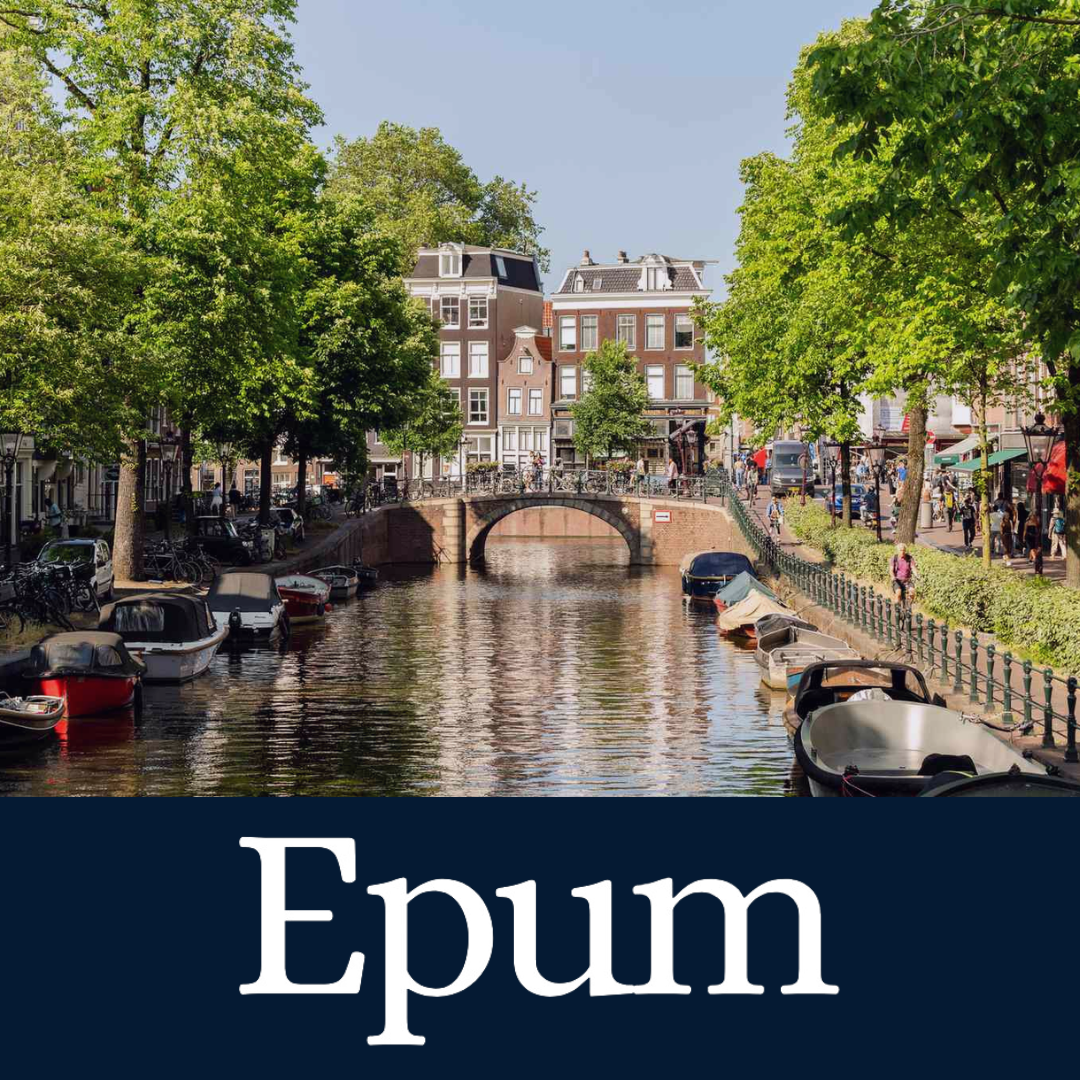 Amsterdam canal and real estate with the Epum logo overlaid, following their  alt=