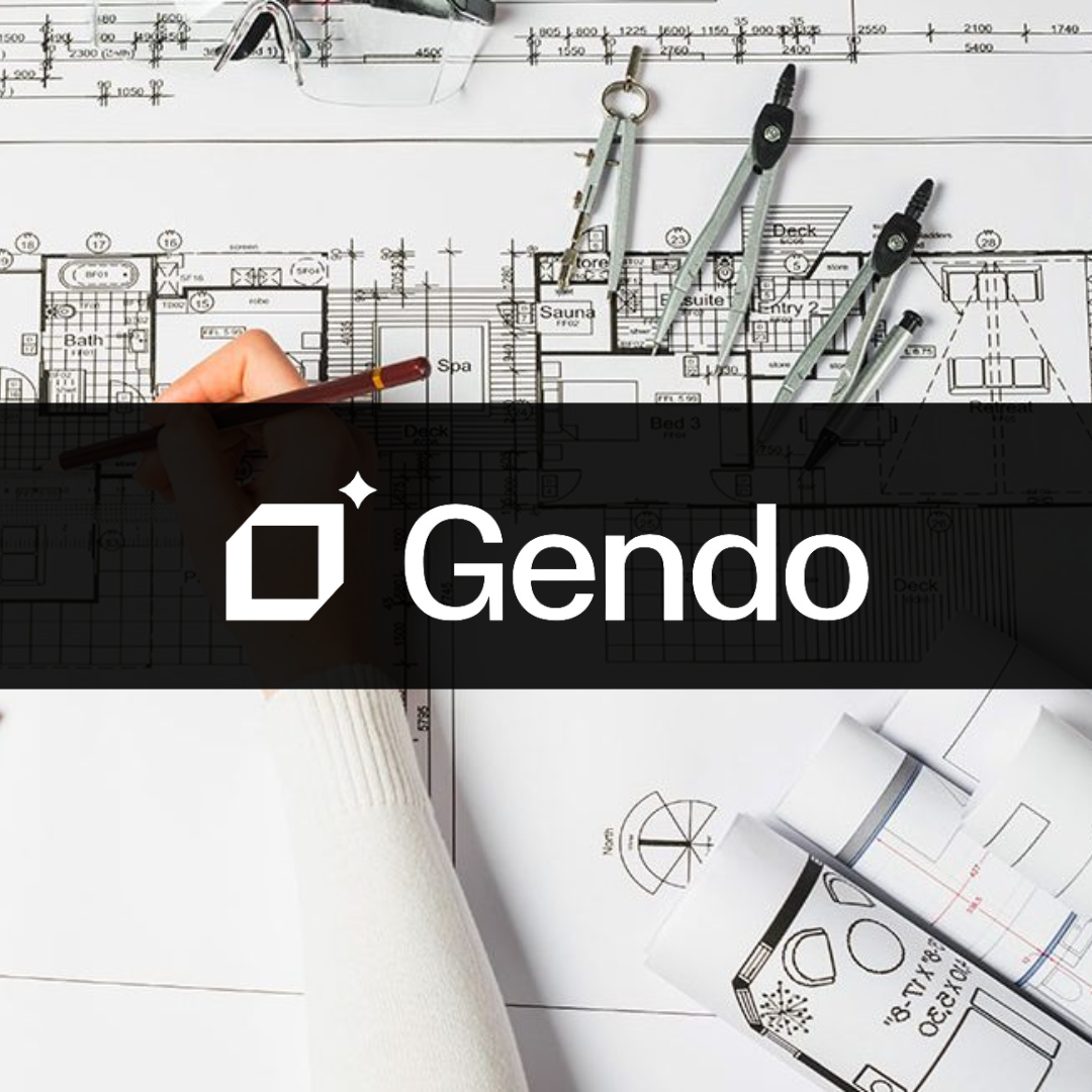 Architectural 2D drawings, with the Gendo logo overlaid, following the raise of the platform