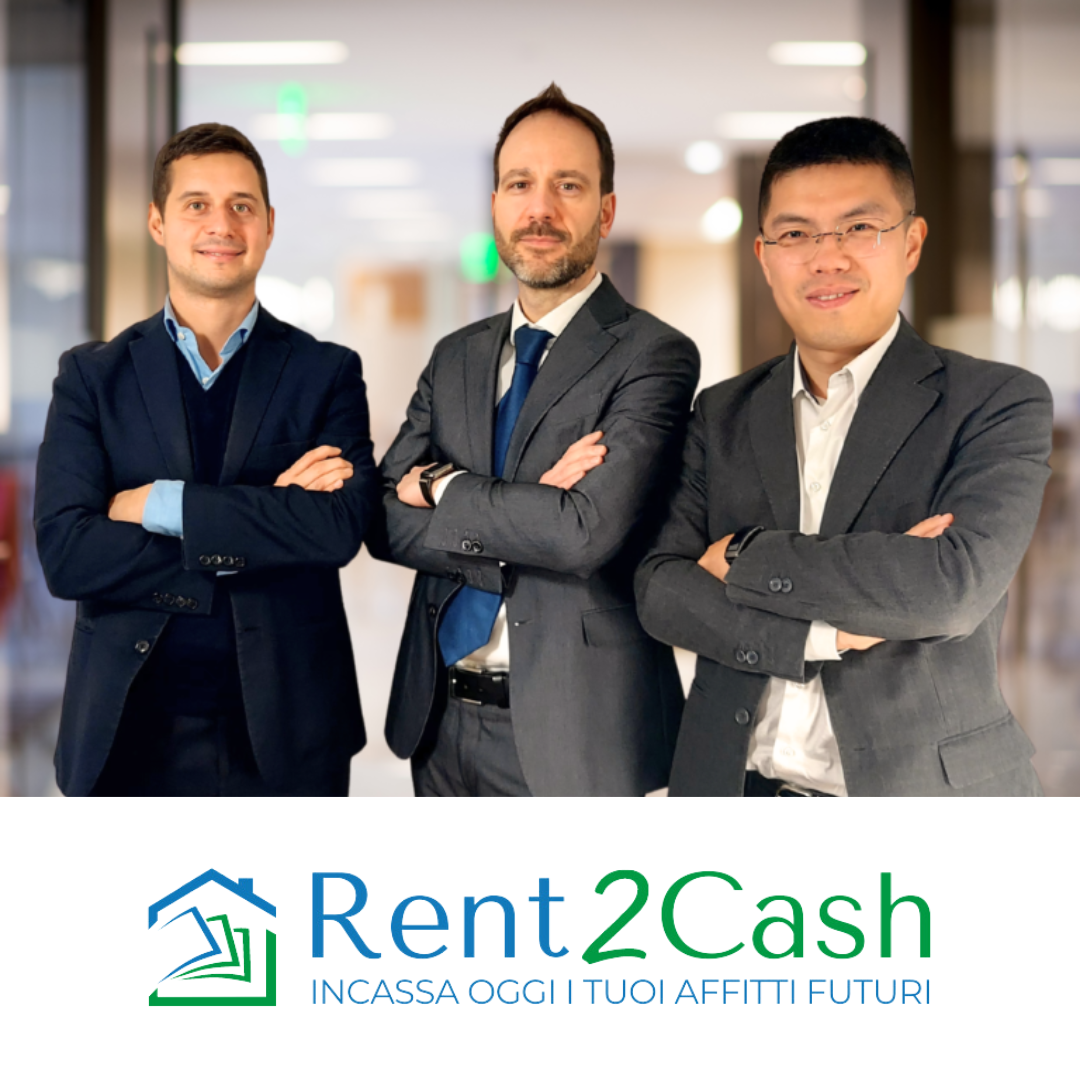 Rent2Cash founders, with their logo overlaid, following the rental advance platform raising €3M
