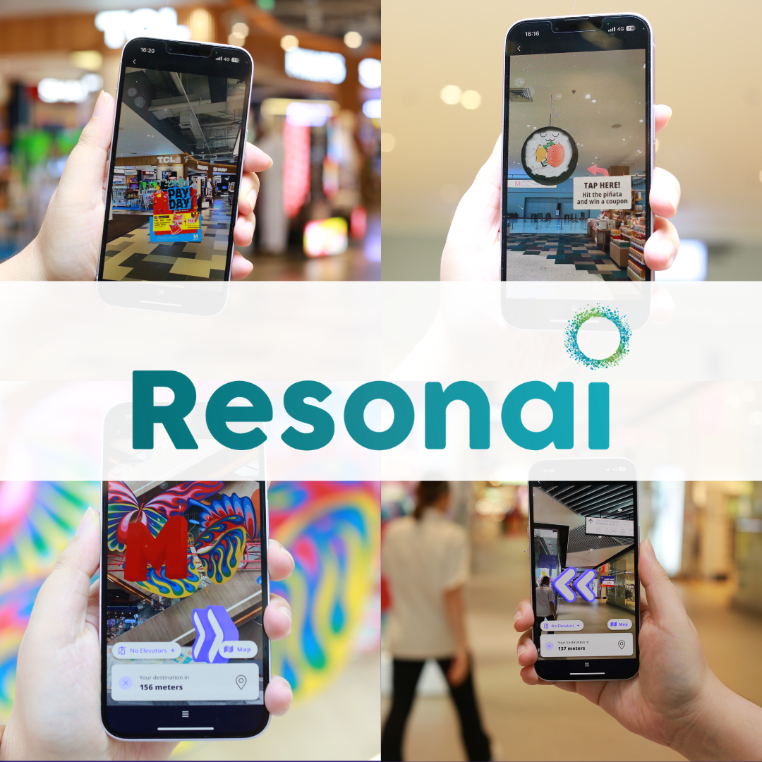 Resonai's AR navigation tool, in The Mall Group's shopping mall, with the Resonai logo overlaid
