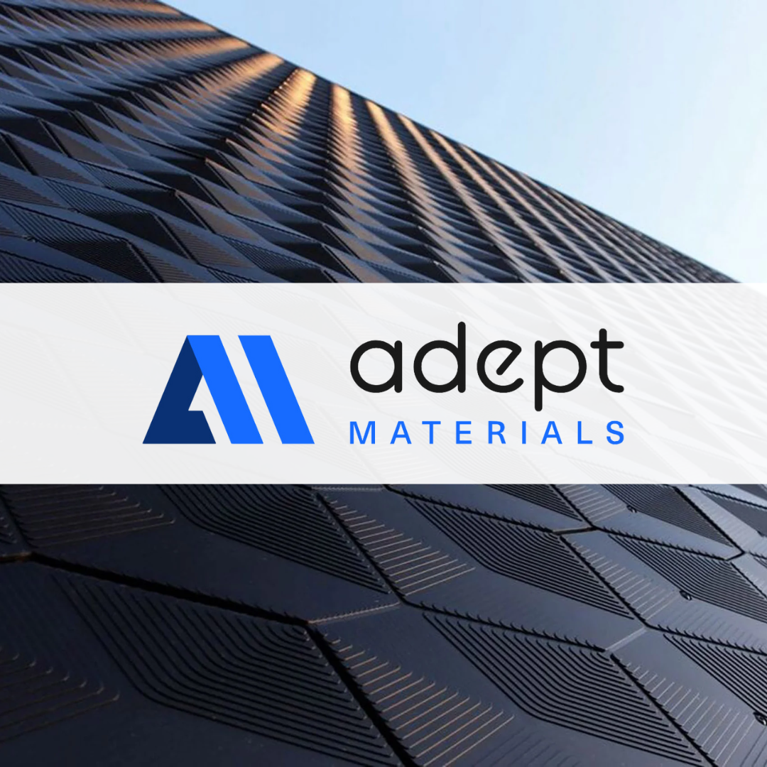 Building materials technology, with the Adept Materials logo overlaid, following their $4M raise