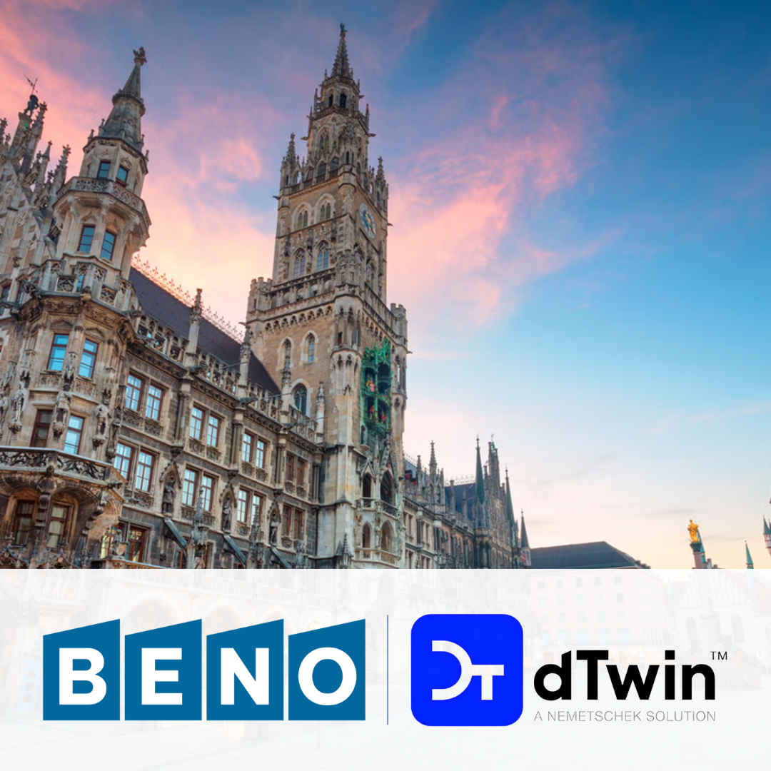 Munich real estate with the BENO Holding AG and dTwin logos overlaid