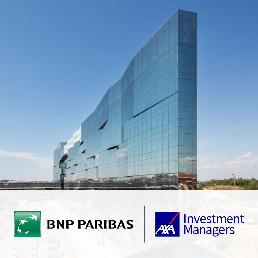 BNP Paribas head quarters, with the BNP Paribas and AXA Investment Managers logos overlaid