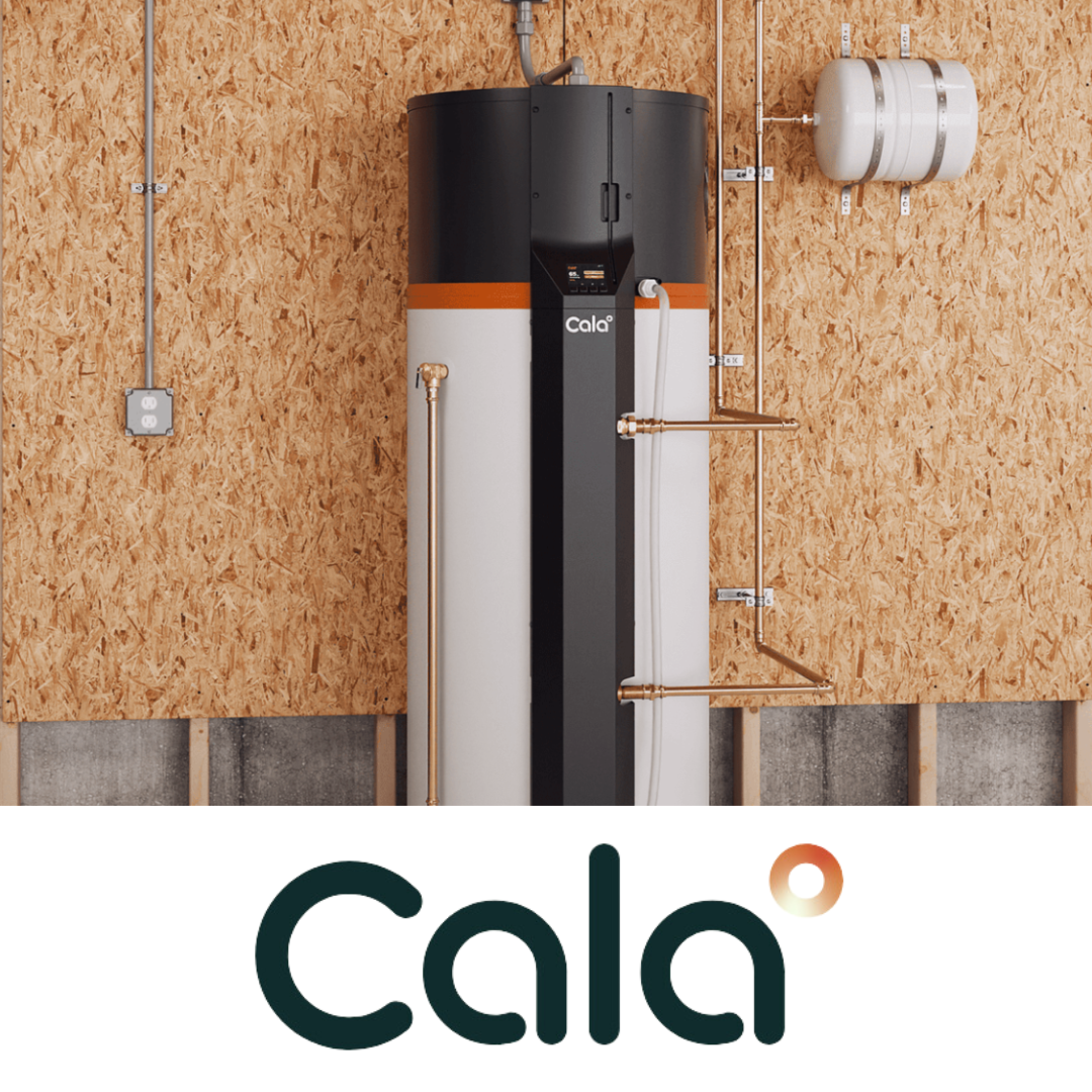 A Cala Systems intelligent heat pump water heater, with the logo overlaid, following their .6M round