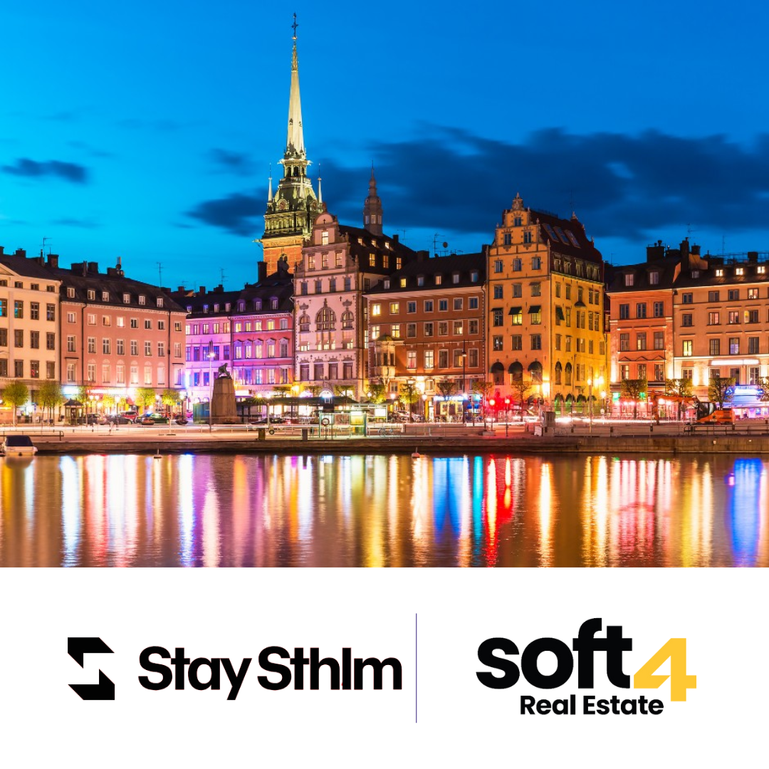 Stockholm real estate with the Stay Sthlm and Soft4 Real Estate logos overlaid