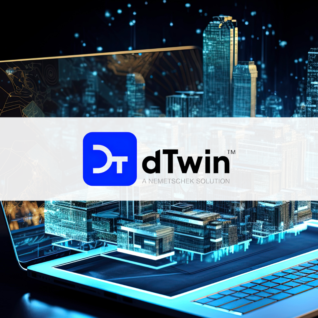 Real Estate under construction coming out of a laptop, to represent 'AI and the Construction Industry', with the logo of Nemetschek's dTwin overlaid
