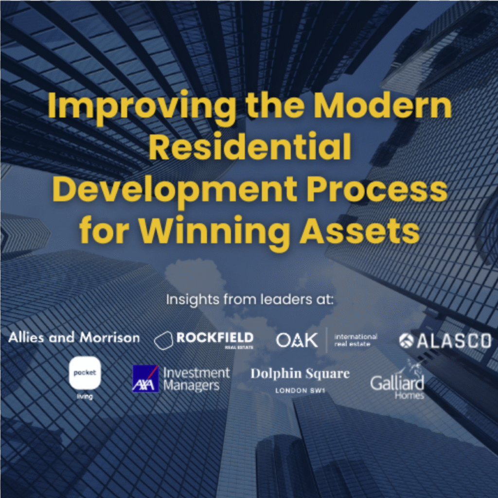 Cover slide with bold yellow title 'Improving the Modern Residential Development Process for Winning Assets' over blue skyscraper background; sponsor logos shown at the bottom.