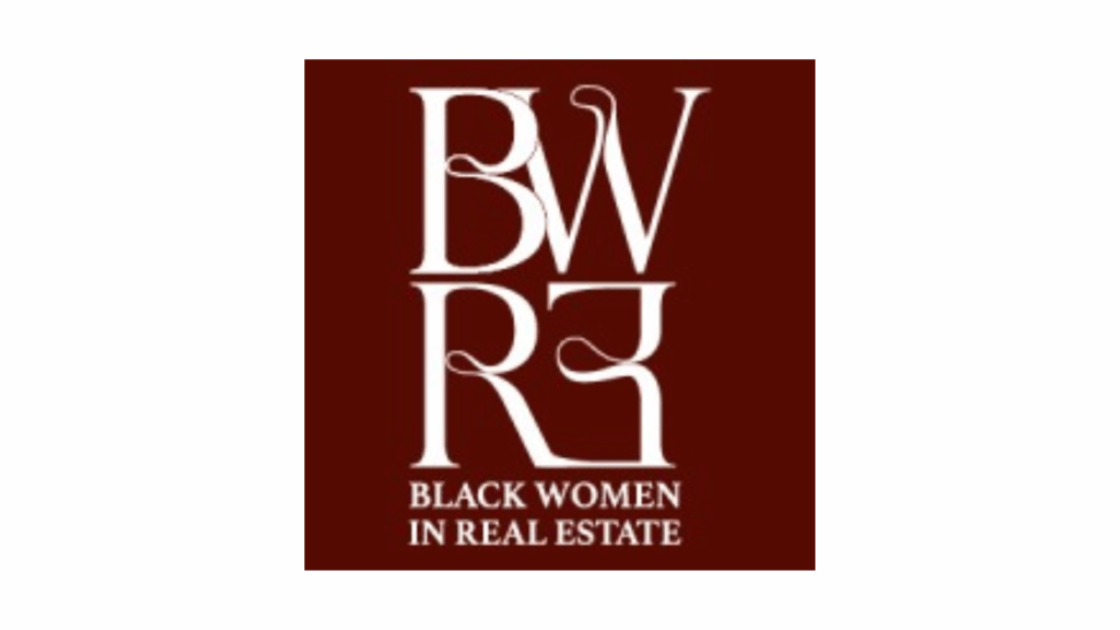 Logo for Black Women in Real Estate with white decorative 'BW' initials on a dark maroon background.