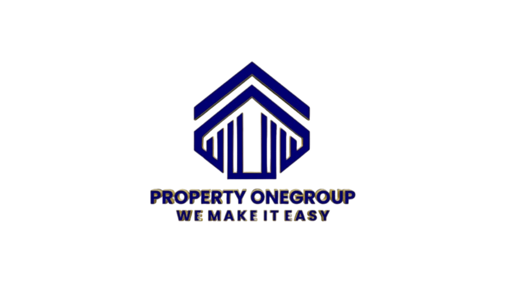 Property One Group logo featuring a stylized blue house icon with layered roof shapes and inner vertical bars, plus the slogan 'WE MAKE IT EASY' below