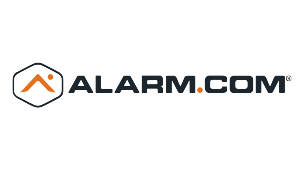 Alarm.com logo: hexagonal icon with orange peak and a dot, then ALARM.COM