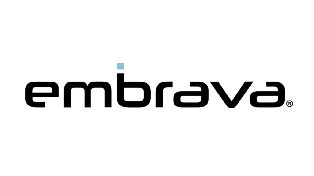 Embrava logo in black lowercase letters on white background with a small blue square above the text.