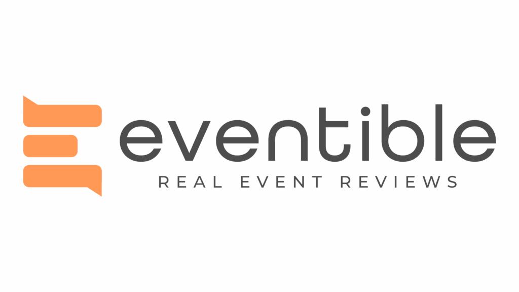 Eventible logo with orange stacked speech bubbles and the text 'eventible' in dark gray, plus 'REAL EVENT REVIEWS' below.