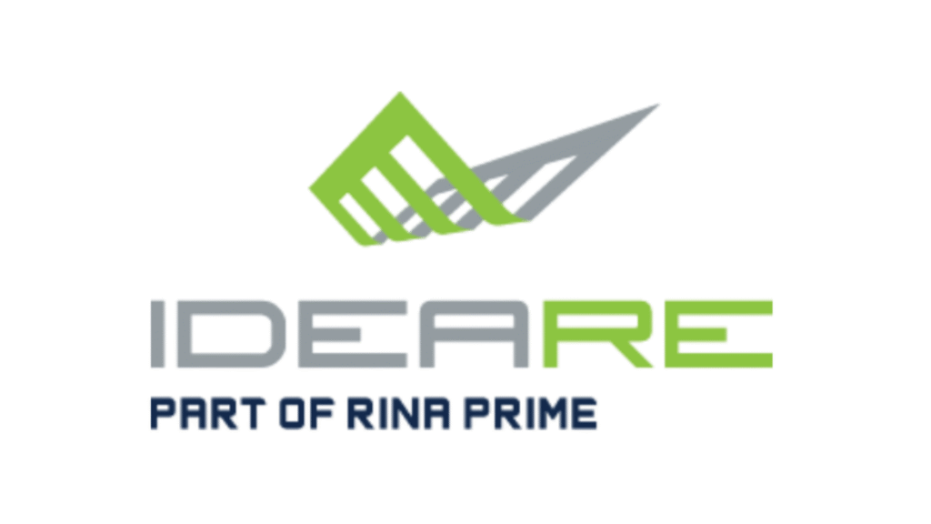 IDEARE logo featuring a lime green geometric mark above gray and lime wordmark, with the slogan 'PART OF RINA PRIME' beneath.