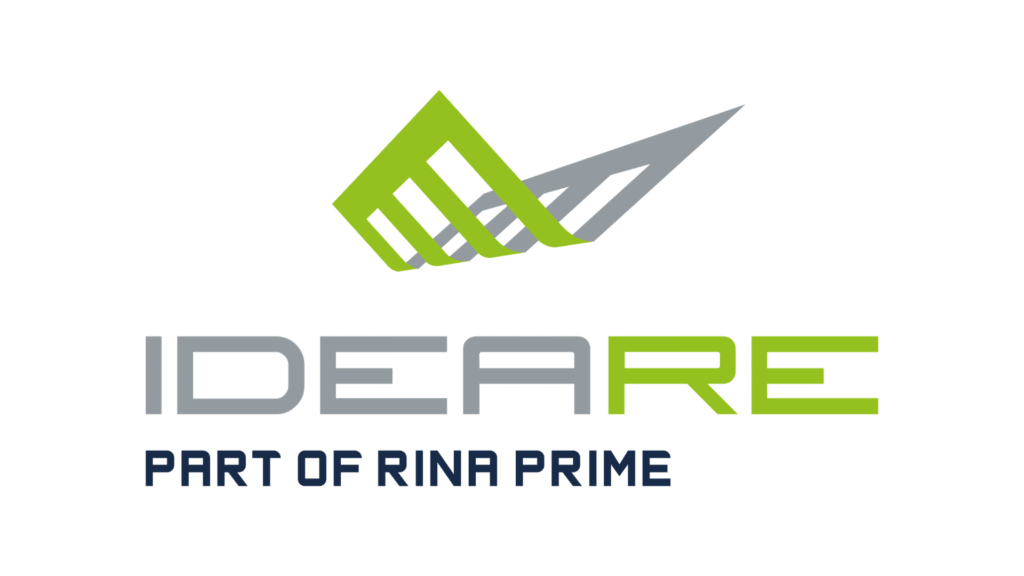 IDEARE logo: lime green folded ribbon over gray chevron with the text 'PART OF RINA PRIME' below in dark blue.