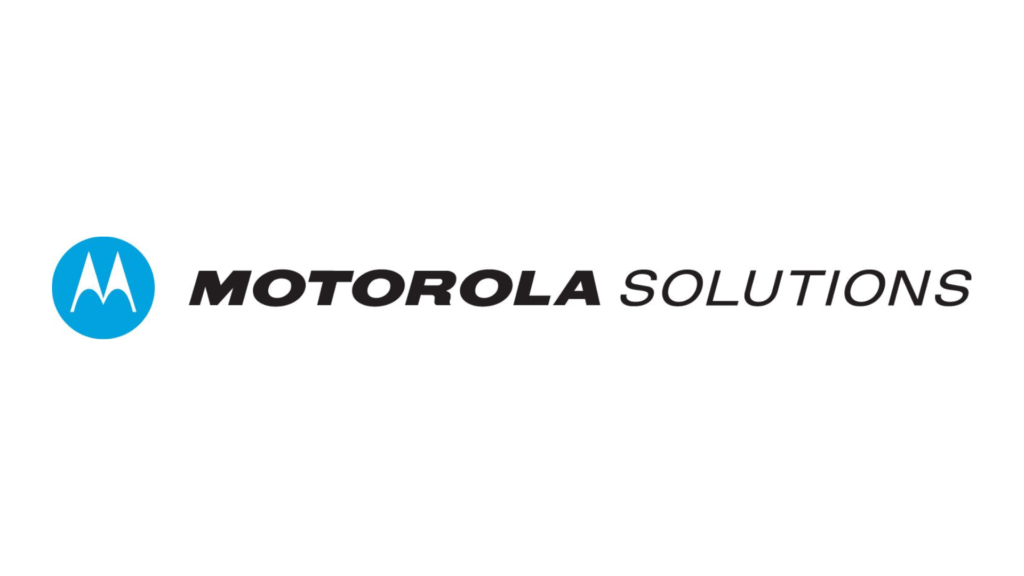 Motorola Solutions logo: blue circular emblem with a white stylized 'M' beside bold italic 'MOTOROLA SOLUTIONS' text on white background