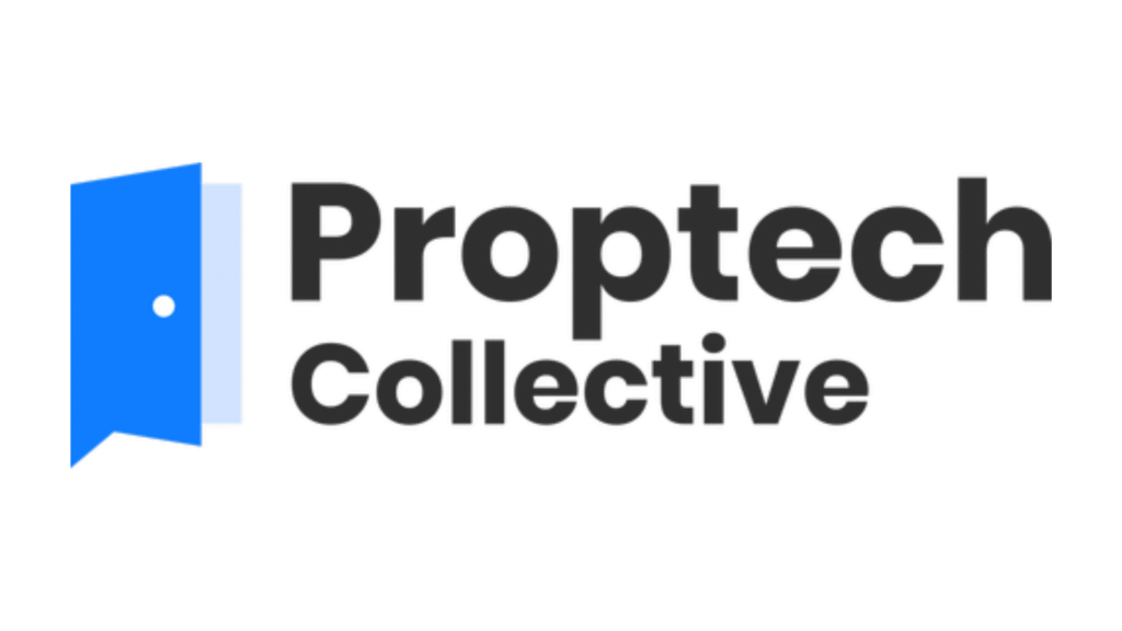 Proptech Collective logo featuring a blue ribbon-shaped icon on the left with bold black text.