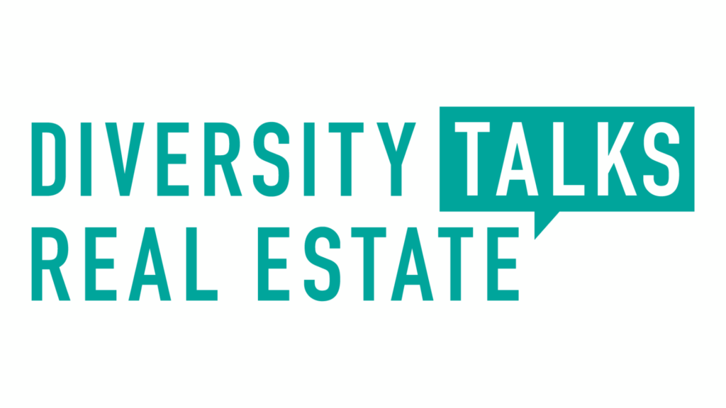 Logo for Diversity Talks Real Estate showing teal letters with stacked words and a speech-bubble emphasis on TALKS.