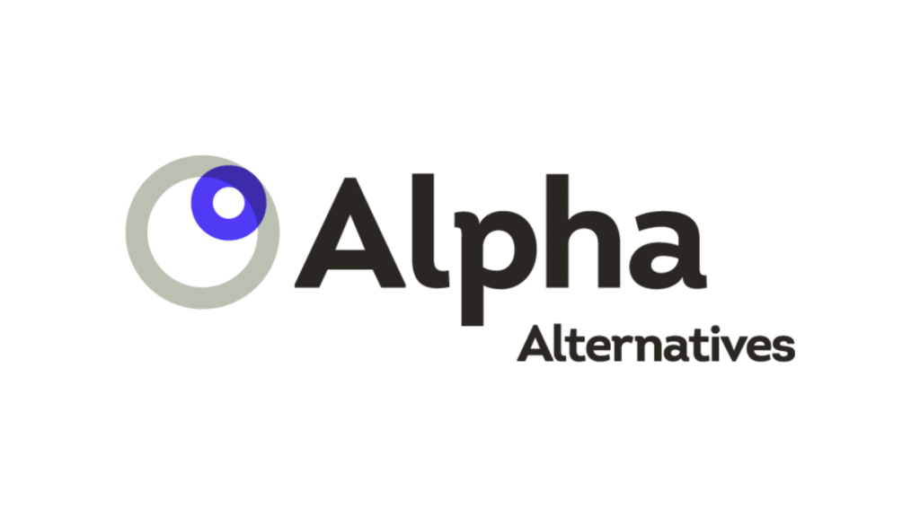 Alpha Alternatives logo: bold 'Alpha' text with a gray ring and blue inner circle to the left.
