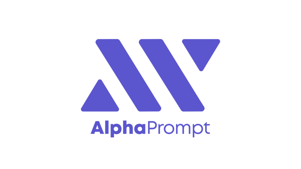 AlphaPrompt logo: three purple diagonal bars forming an abstract mark with a small triangle, and the word 'AlphaPrompt' beneath.