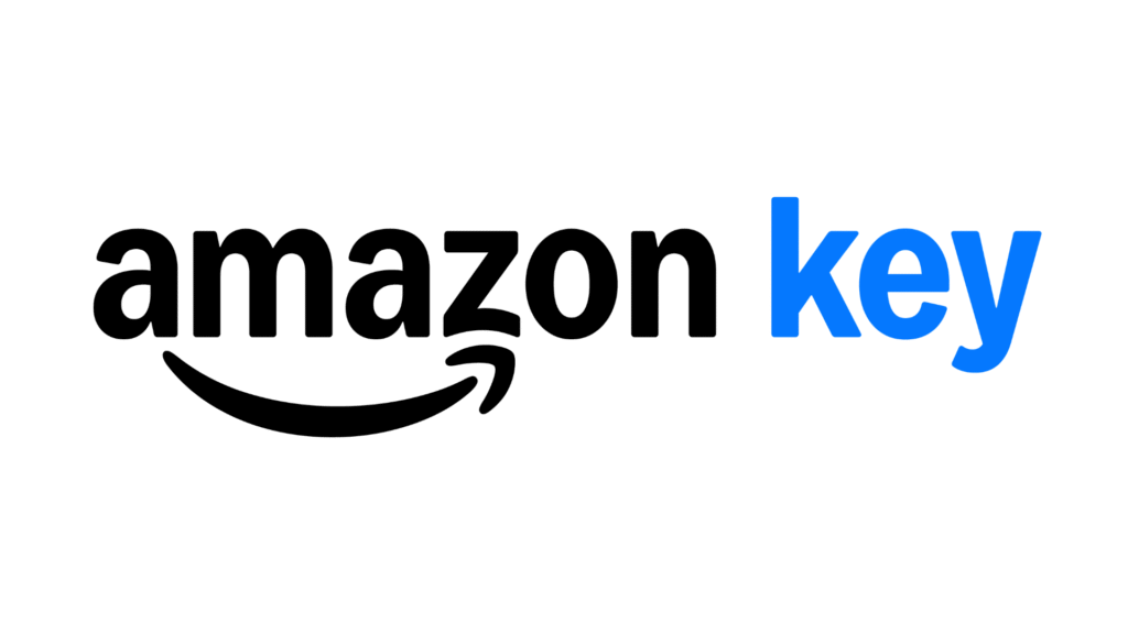 Amazon Key logo: black 'amazon' text with curved arrow underneath and blue 'key' typography