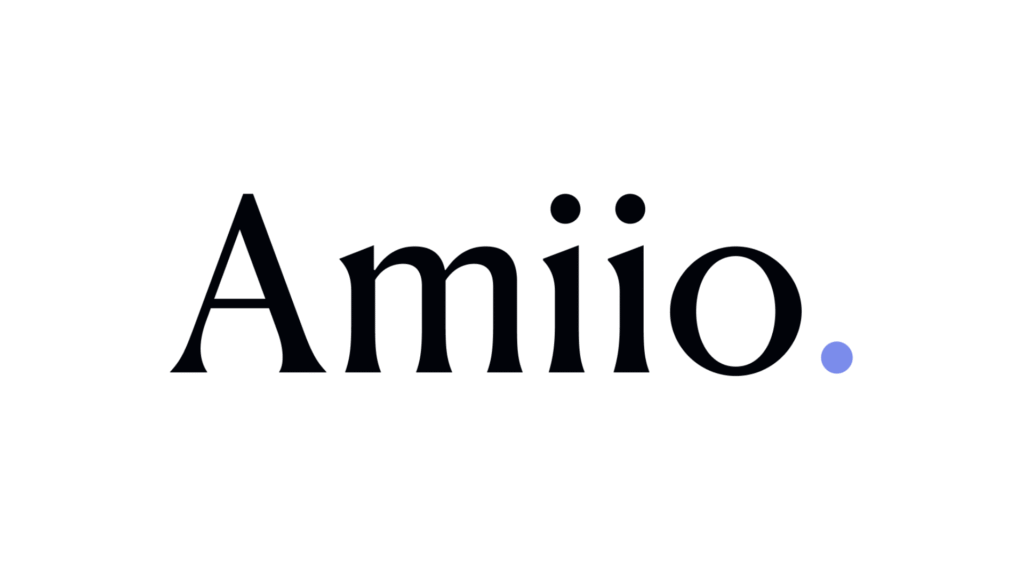 Brand logo reading 'Amio' in a bold serif type with a small purple dot at the end.