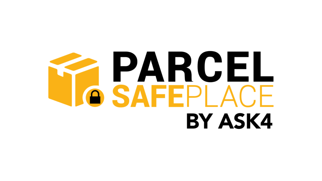 Parcel SafePlace by ASK4 logo featuring an orange box icon with a lock and bold black/orange text.