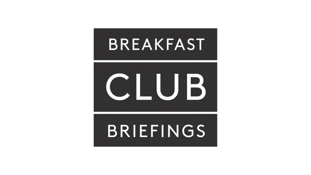 Logo consisting of three vertical dark panels stacked with white uppercase words: BREAKFAST, CLUB, BRIEFINGS, forming the brand name.