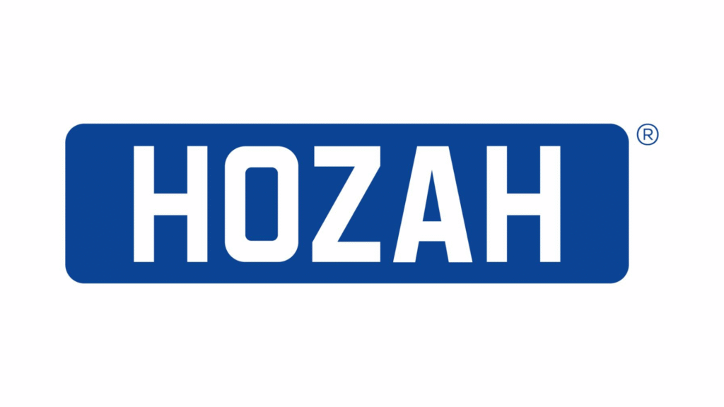 HOZAH logo: white letters on a blue rounded-rectangle background with a small registered trademark symbol in the top-right corner