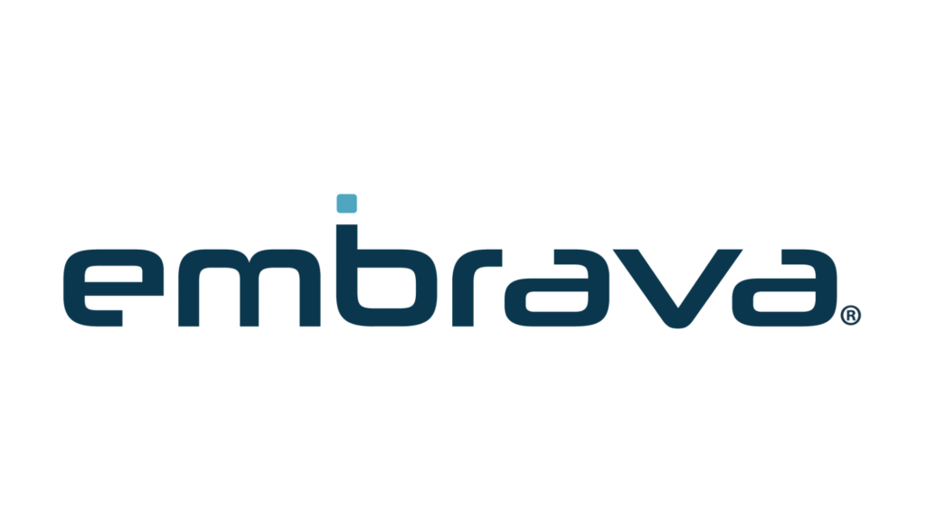 Embrava logo: lowercase dark-blue wordmark with a small light-blue square above the i-area as an accent