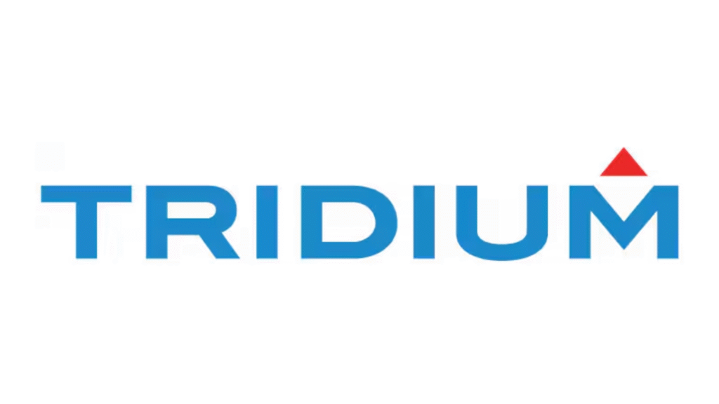 TRIDIUM logo: blue wordmark with a red triangle above the letter M.