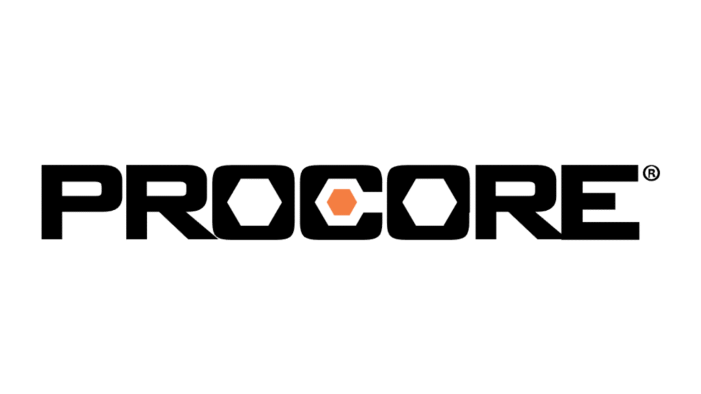 Procore logo: bold black letters with an orange hexagon accent in the middle.