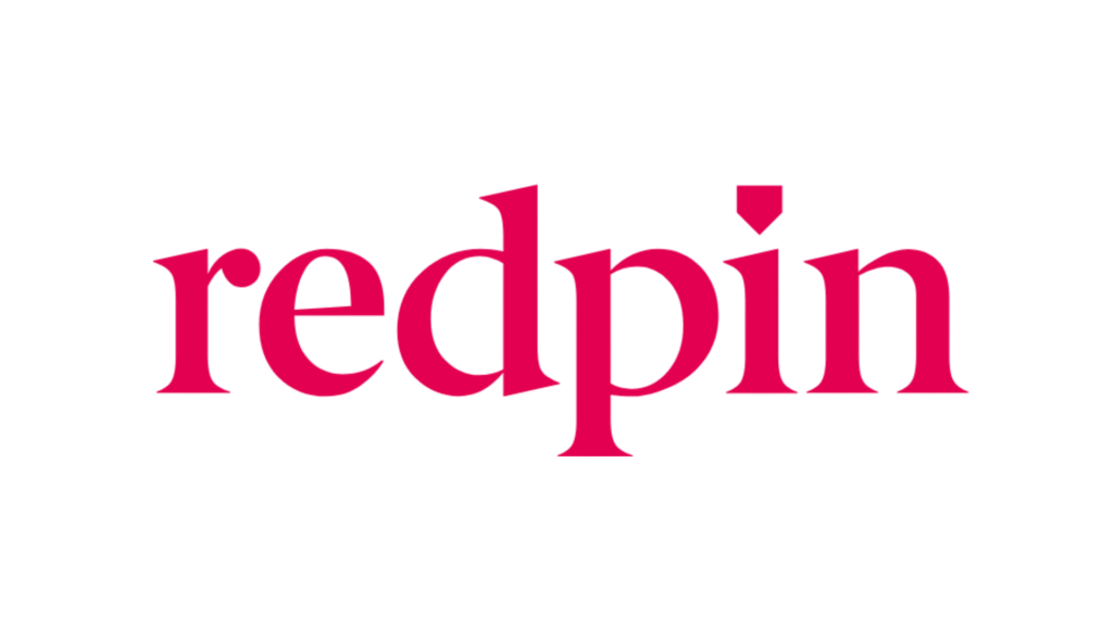 Redpin brand logo in bold magenta serif on white background